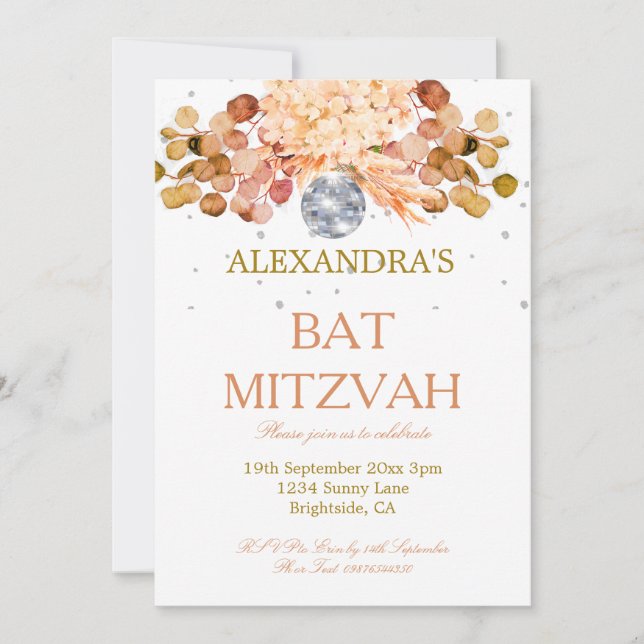 Convites Bat Mitzvah Floral Disco (Frente)