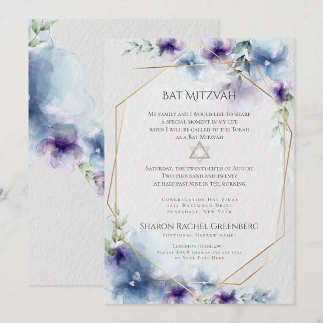 Convites BAT MITZVAH | Floral em Aquarela Azul e Violeta (Frente/Verso)