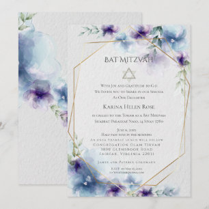 Convites BAT MITZVAH Floral em Aquarela Azul e Violeta 2