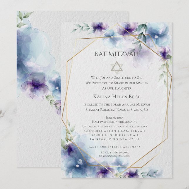 Convites BAT MITZVAH | Floral em Aquarela Azul e Violeta 2 (Frente/Verso)