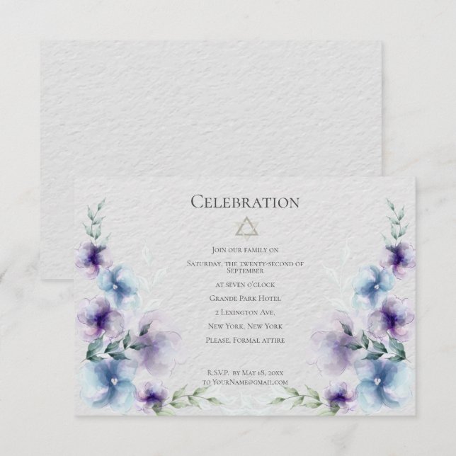 Convites BAT MITZVAH | Floral em Aquarela Azul e Violeta 2 (Frente/Verso)
