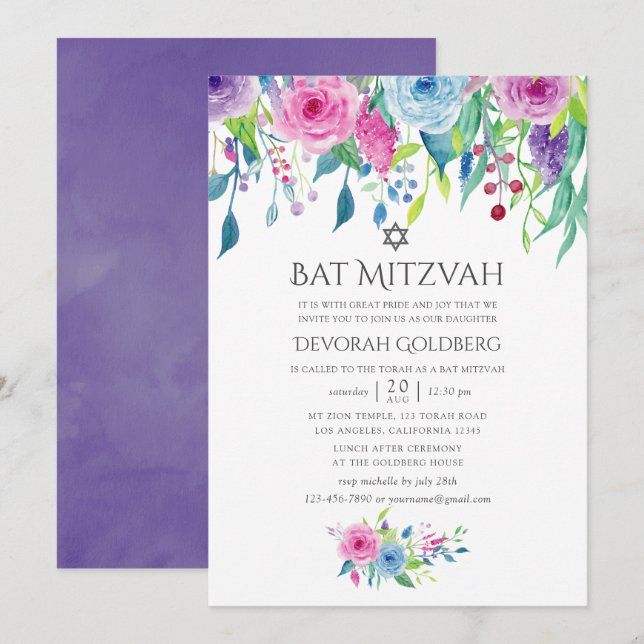 Convites Bat Mitzvah Floral em Aquarela Violeta Ultra (Frente/Verso)