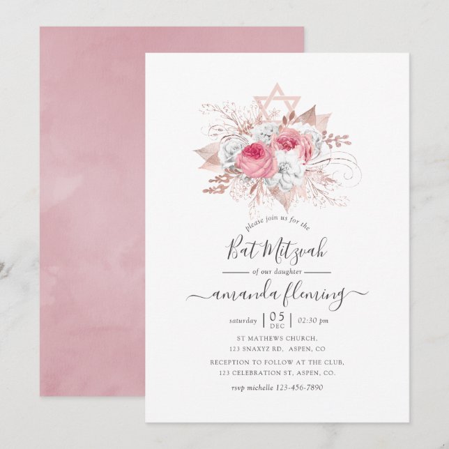 Convites Bat Mitzvah Floral Rosa e Dourado Rosa (Frente/Verso)