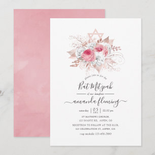 Convites Bat Mitzvah Floral Rosa e Dourado Rosa