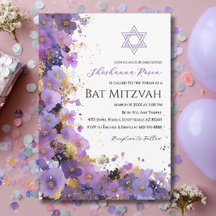 Convites Bat Mitzvah Floral Roxo e Dourado