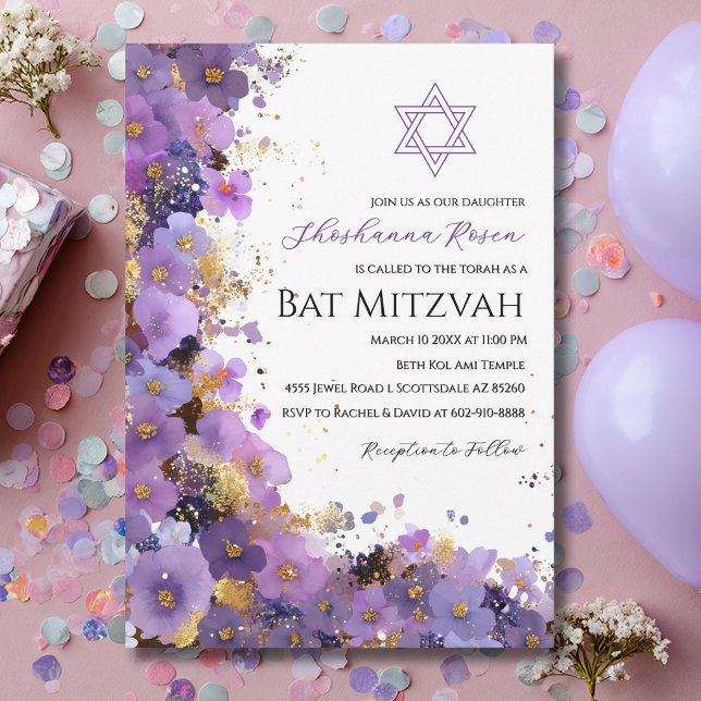 Convites Bat Mitzvah Floral Roxo e Dourado (Criador carregado)
