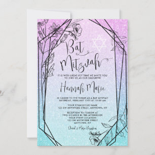 Convites Bat Mitzvah Floral Roxo Turquesa Moderno Brilho Fa