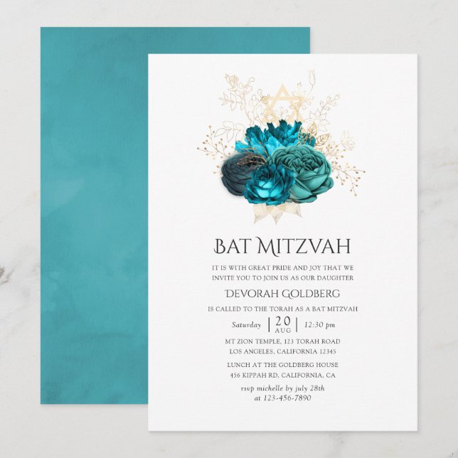 Convites Bat Mitzvah Floral Teal e Dourado (Frente/Verso)