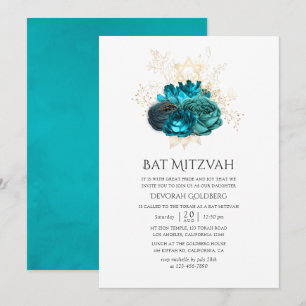 Convites Bat Mitzvah Floral Teal e Dourado