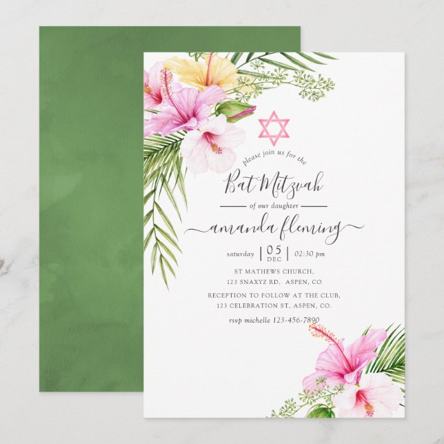 Convites Bat Mitzvah Floral Tropical aquarela (Frente/Verso)
