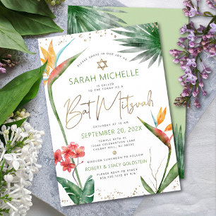 Convites Bat Mitzvah Floral Tropical Aquarela Letra Dourada