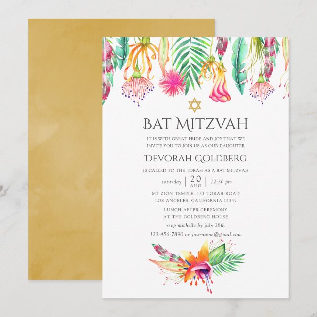 Convites Bat Mitzvah Floral Tropical de Verão em Aquarela (Frente/Verso)