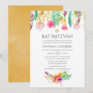 Convites Bat Mitzvah Floral Tropical de Verão em Aquarela