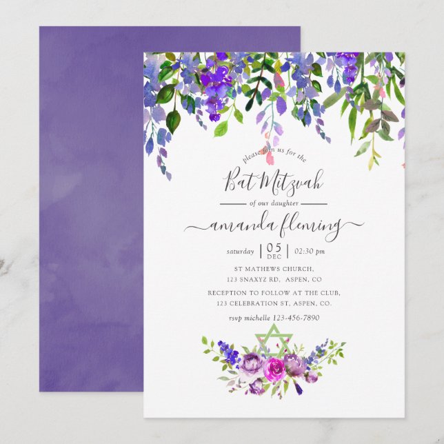 Convites Bat Mitzvah Floral Violeta Aquarela (Frente/Verso)