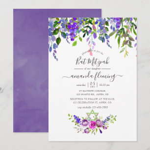 Convites Bat Mitzvah Floral Violeta Aquarela