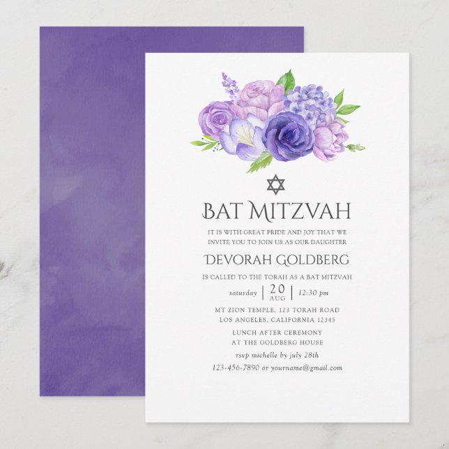 Convites Bat Mitzvah Floral Violeta Ultra (Frente/Verso)