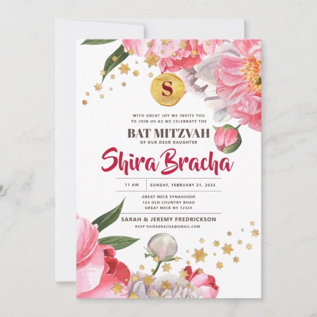 Convites Bat Mitzvah Floral Watercolor Stars (Frente)
