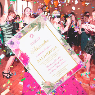 Convites Bat Mitzvah Floral White Cor Dourada Judia