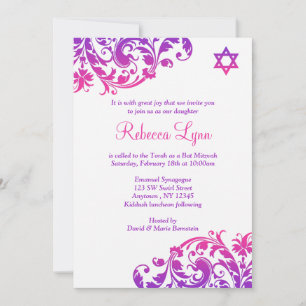Convites Bat Mitzvah, Floreio Rosa Elegante