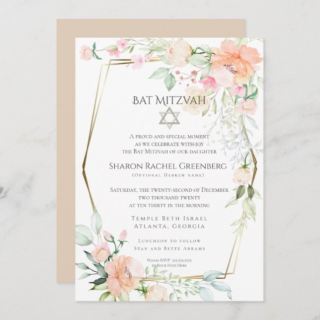 Convites BAT MITZVAH | Flores de Primavera de Aquarela Vers (Frente/Verso)