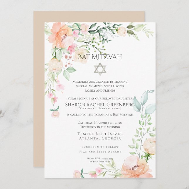 Convites BAT MITZVAH | Flores de Primavera de Aquarela Vers (Frente/Verso)