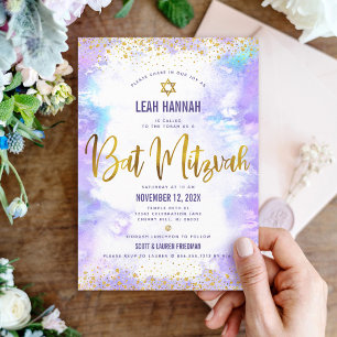 Convites Bat Mitzvah folha de ouro e água-marinha moderna r