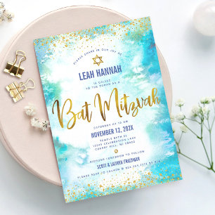 Convites Bat Mitzvah Folha Dourada Turquesa Aquarela Modern