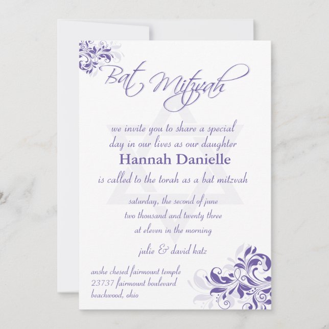 Convites Bat Mitzvah Formal Floral Roxo (Frente)