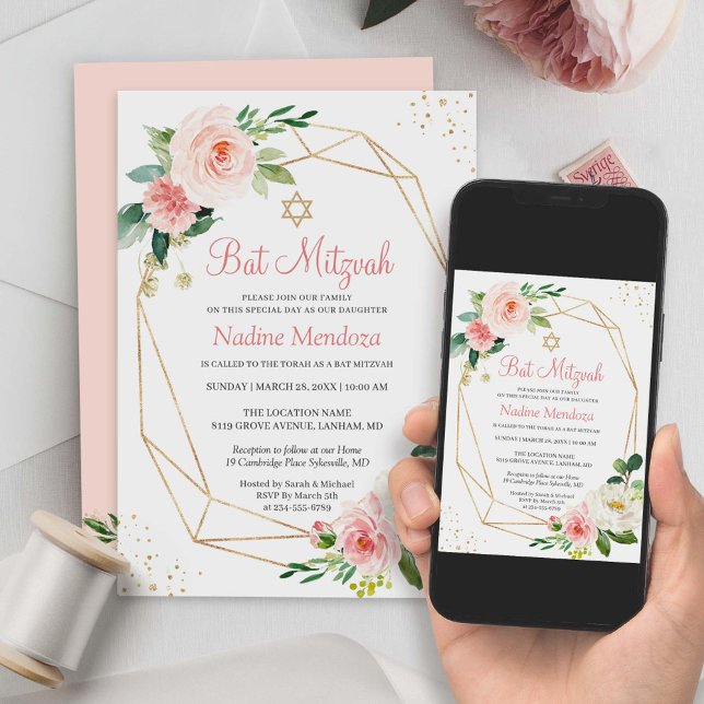 Convites Bat Mitzvah | Geométrico Blush Pink Floral (The customizable template allows you to add your personal touch using Zazzle's design tool.)