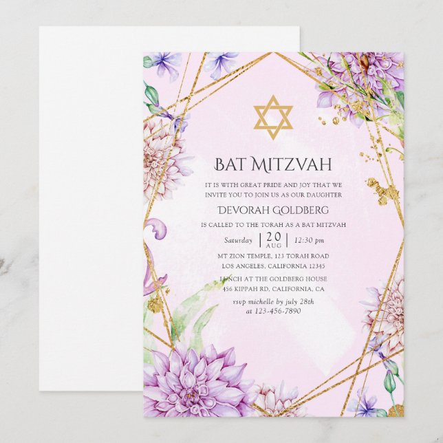 Convites Bat Mitzvah, Geométrico Floral Dourado e Roxo (Frente/Verso)