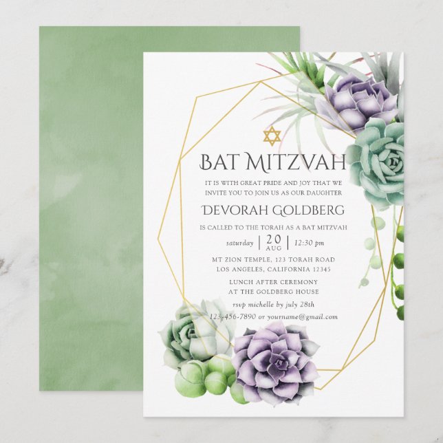 Convites Bat Mitzvah Geométrico Suculento (Frente/Verso)