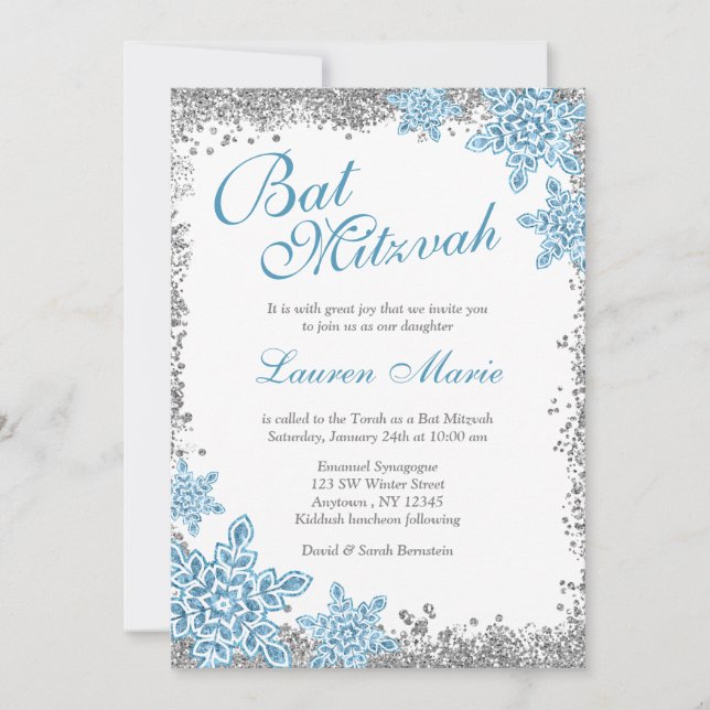Convites Bat Mitzvah Glam Winter Wonderland Silver Blue (Frente)