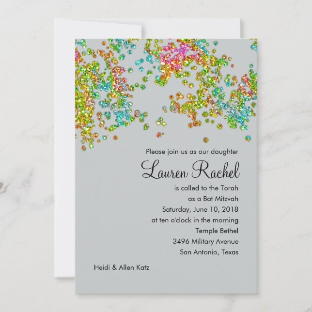 Convites Bat Mitzvah Glittery Confetti Design (Frente)