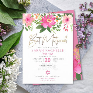 Convites Bat Mitzvah Gold Script Pink Floral Watercolor