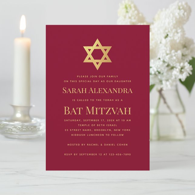 Convites Bat Mitzvah Gold Star of David Simple Burgundy Red (Criador carregado)
