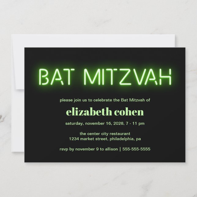Convites Bat Mitzvah Green Neon Lights (Frente)