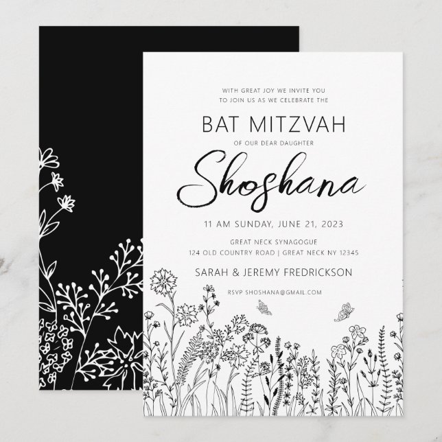 Convites Bat Mitzvah HEBRAICO Manuscrito Floral (Frente/Verso)