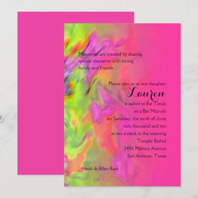 Convites Bat Mitzvah Hot Pink e Green Tie Dye (Frente/Verso)