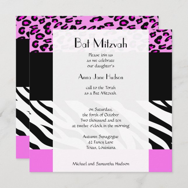 Convites Bat Mitzvah - Impressão Animal, Zebra, Leopardo -  (Frente/Verso)