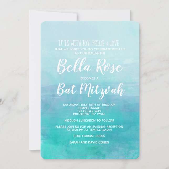 Convites Bat Mitzvah Invitation Blue Watercolor Ombre (Frente)