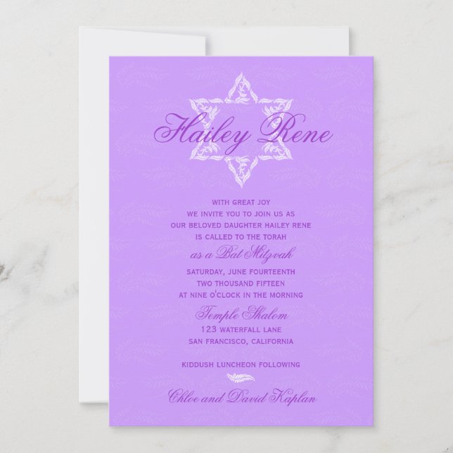 Convites Bat Mitzvah Invitation Hailey com Damask Purple (Frente)