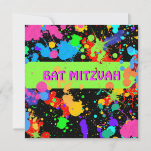 Convites Bat Mitzvah Invitation, Neon Paint Splatter