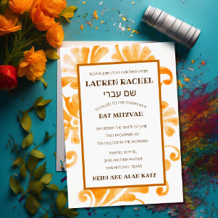 Convites Bat Mitzvah Invitation Orange Plume