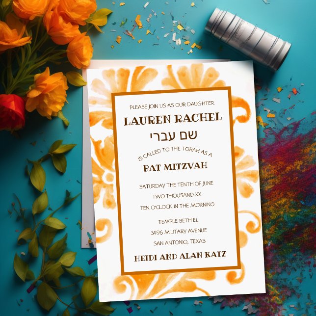 Convites Bat Mitzvah Invitation Orange Plume (Criador carregado)