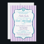 Convites Bat Mitzvah Invitation Purple Teal Elegant Stripe<br><div class="desc">Um convite elegante do Bat Mitzvah em roxo e lacre, com listras roxas e brancas e uma imagem de texto brilhante teal juntamente com uma estrela brilhante teal de David. O quadro de texto reluzente neste convite clássico e clássico do Bat Mitzvah apresenta uma sombra para dar uma aparência elevada....</div>