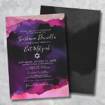 Convites Bat Mitzvah, judeu, cor-de-rosa,<br><div class="desc">Este elegante convite do Bat Mitzvah apresenta um fundo preto com cor d'água rosada e roxa suja ou tinta alcoólica em quadros superior e inferior. Uma mistura de tons de rosa de uma rosa claro a um rosa quente. O design apresenta uma combinação de tipografia de script e fontes clássicas...</div>
