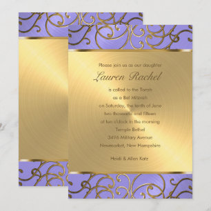 Convites Bat Mitzvah Lavanda Elegante Filigre Dourado Roxo
