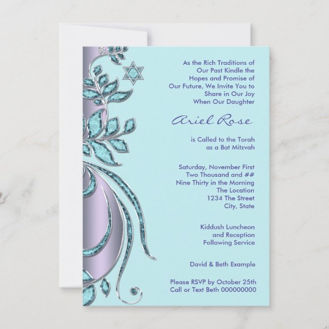 Convites Bat Mitzvah Lavanda Roxa e Azul Turquesa (Frente)