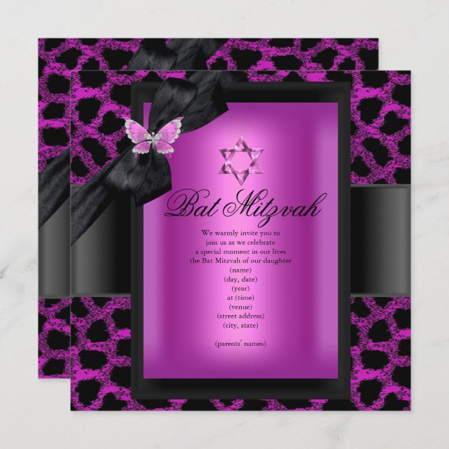 Convites Bat Mitzvah Leopard Borboleta Rosa (Frente/Verso)