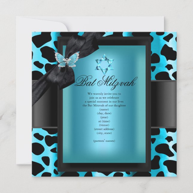 Convites Bat Mitzvah Leopard Teal Blue Butterfly (Frente)